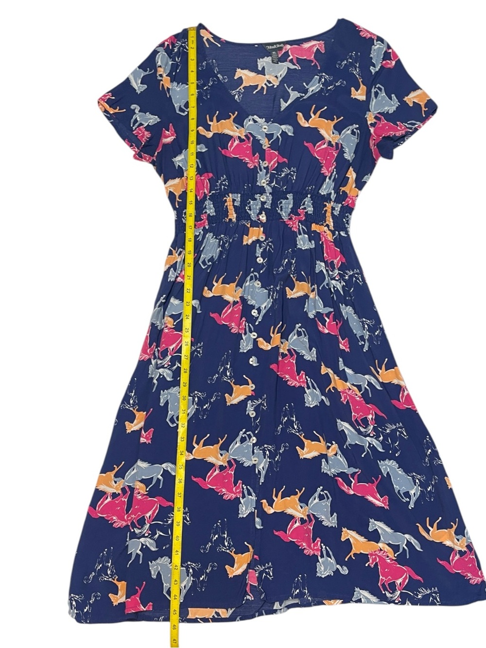 Modcloth Neon Stampede Navy Blue Novelty Horse Print Button Down Shirt Dress XL - Picture 5 of 12